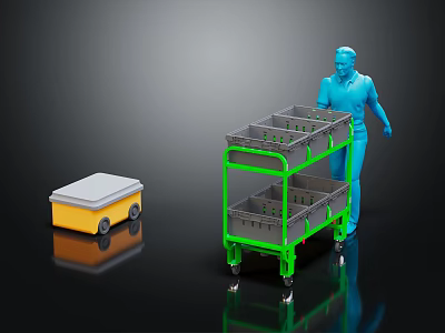 Utility Transport Carts Setup with Blue Figure Green Two Tier and Yellow Small Carts 3d model