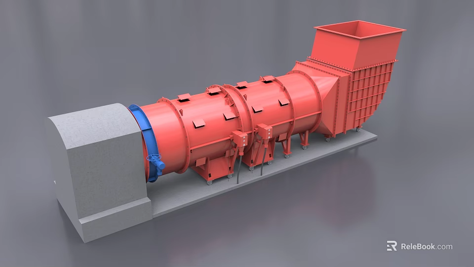 Red Cylindrical Industrial Processing Equipment With Feeding Hopper And Gray Base 3d model 
