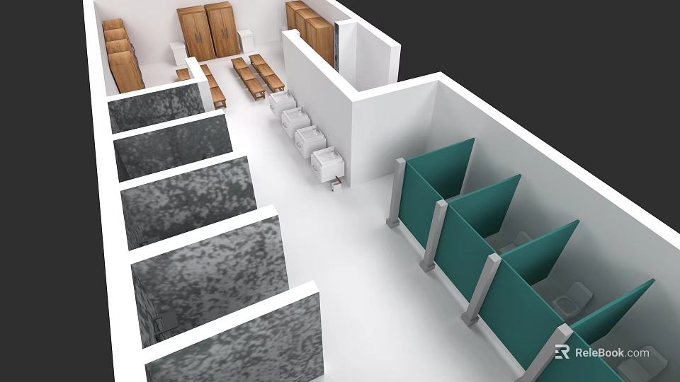Modern Bathroom Combination with Green Partitions Stone Walls and Wooden Cabinets 3d model 