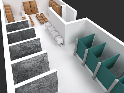 Modern Bathroom Combination with Green Partitions Stone Walls and Wooden Cabinets 3d model