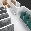 Modern Bathroom Combination with Green Partitions Stone Walls and Wooden Cabinets