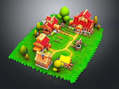 3D Cartoon Village Scene With Small Houses Red Roofs Green Grass Trees Well And Fences 3d model