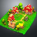 3D Cartoon Village Scene With Small Houses Red Roofs Green Grass Trees Well And Fences