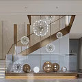 Elegant Modern Lobby Staircase Design With Spherical Chandeliers Marble Walls And Decorative Spheres