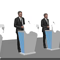 Men In Formal Suits Standing At Podiums With Colorful Maps And Blue Lights
