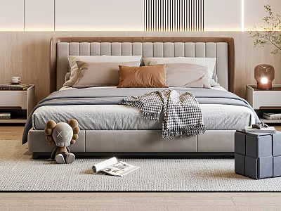 Modern Double Bed With Upholstered Headboard Pillows Throw Blanket Nightstand Stuffed Lion And Magazine 3d model