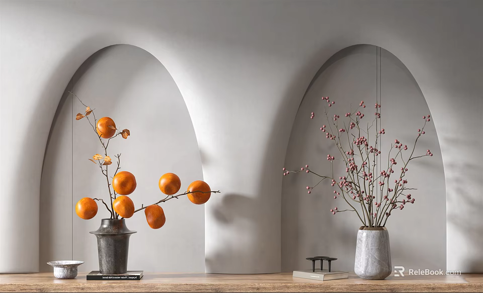 Elegant Vase Floral Display with Orange Fruits Pink Blossoms on Wooden Countertop Arched Wall 3d model 