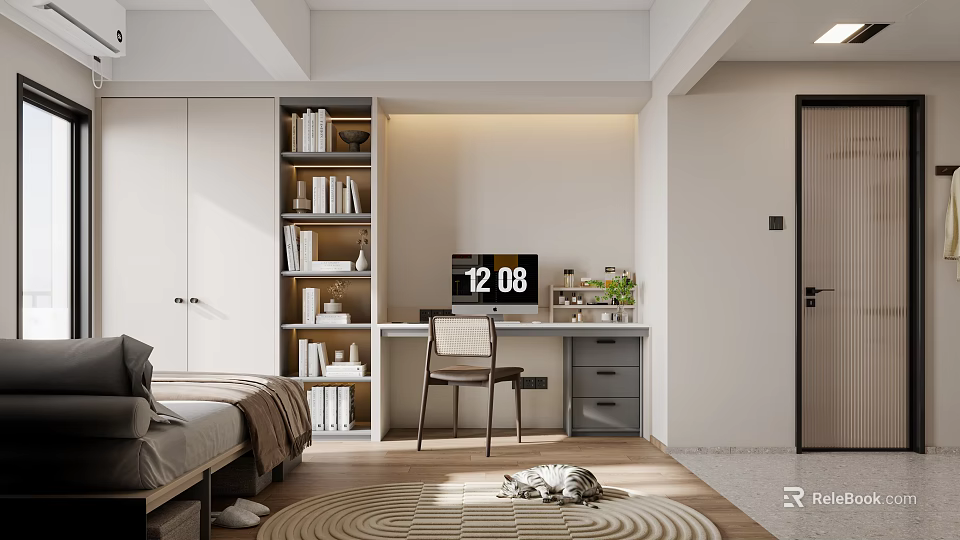 Cozy Modern Apartment Bedroom With Bookshelves Desk Monitor And Cat On Round Rug 3d model 