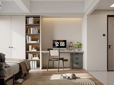 Cozy Modern Apartment Bedroom With Bookshelves Desk Monitor And Cat On Round Rug 3d model