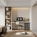 Cozy Modern Apartment Bedroom With Bookshelves Desk Monitor And Cat On Round Rug