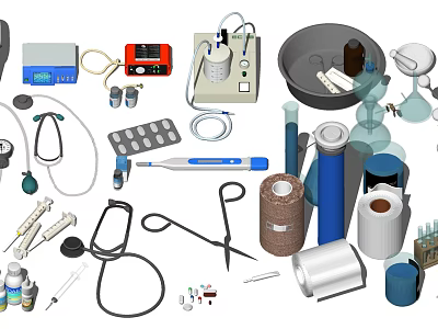 Essential Medical Devices With Stethoscope Syringe Thermometer Scissors Bandages And Tablets 3d model