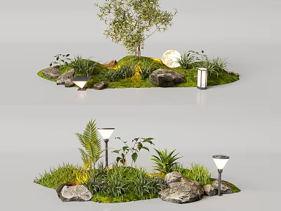 Serene Courtyard Garden with Olive Tree Moon Lush Grass Stones and Lamps 3d model