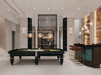 Modern Luxurious Billiard Room Interior With Green Billiard Table Pendant Lights Bar Counter And Stools 3d model