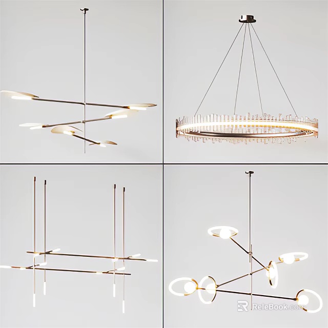 Stylish Modern Chandeliers with Linear Multi Arm and Circular Crystal for Interior Lighting 3d model