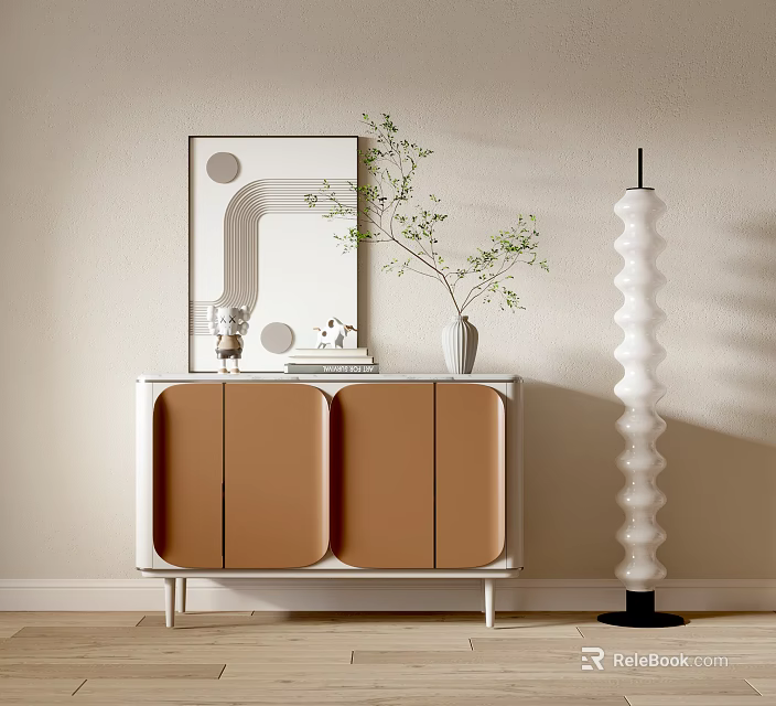 Modern Brown White Console Side Cabinet With Mirror Vase Green Plant And Floor Lamp 3d model 