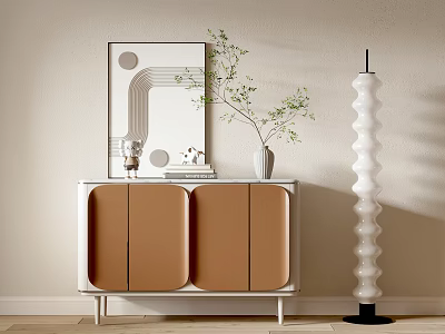 Modern Brown White Console Side Cabinet With Mirror Vase Green Plant And Floor Lamp 3d model