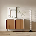 Modern Brown White Console Side Cabinet With Mirror Vase Green Plant And Floor Lamp