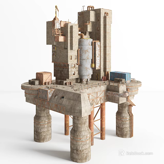 Rustic Industrial Architectural Structure With Concrete Pillars Metal Pipes Storage Tank And Shipping Container 3d model 