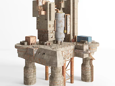 Rustic Industrial Architectural Structure With Concrete Pillars Metal Pipes Storage Tank And Shipping Container 3d model