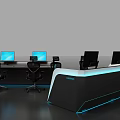 Modern Workstation Setup With Multiple Computer Monitors Black Chairs And Blue Lighting