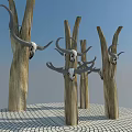 Wooden Trunks With Horned Skulls On Stone Checkerboard Ground Under Blue Sky