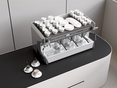 Stainless Steel Coffee Machine With White Cups And Saucers On Black Countertop In Kitchen 3d model