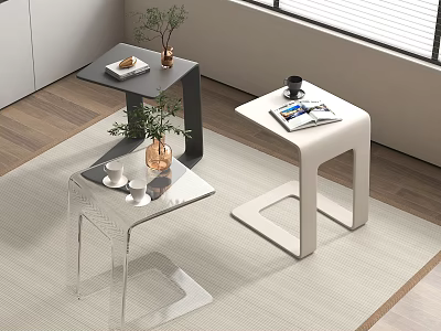 Modern Stylish Side Tables in Black Transparent White Design with Plant Coffee Cup and Magazine 3d model