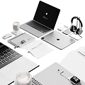 Apple Devices Workspace Setup With Laptop Tablet iPhone AirPods Watch Notebook And Coffee Cup