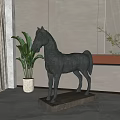 Decorative Ornament Set with Horse Sculpture on Wooden Base and Green Plants for Indoor Decor