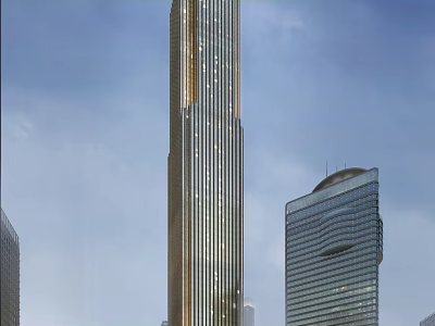 Modern Office Building With Glass Curtain Wall And Urban Skyline View 3d model