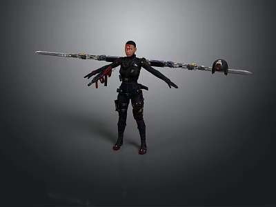 Detailed Action Figure In Black Tactical Outfit With Dual Swords And Standing Pose 3d model