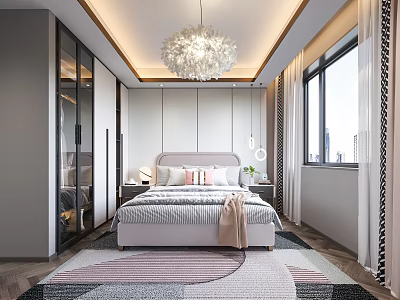 Modern Bedroom Interior Design With Large Bed Chandelier Open Wardrobe And Geometric Rug 3d model
