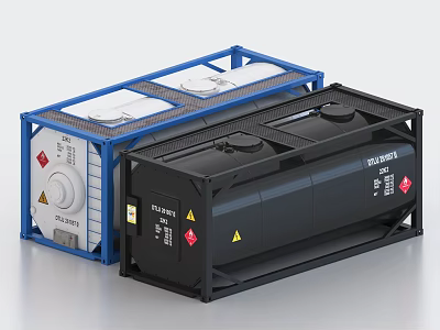 Industrial Storage Tanks With Steel Frame And Hazard Warning Labels 3d model