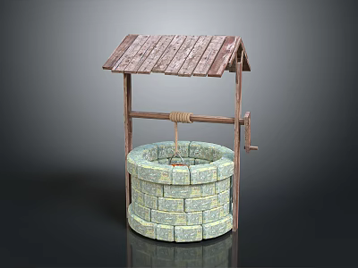 Ancient Stone Well Structure With Wooden Roof And Rope Frame 3d model