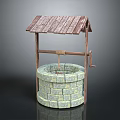 Ancient Stone Well Structure With Wooden Roof And Rope Frame