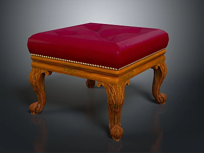 Vintage Style Wooden Stool With Red Padded Seat And Carved Legs 3d model