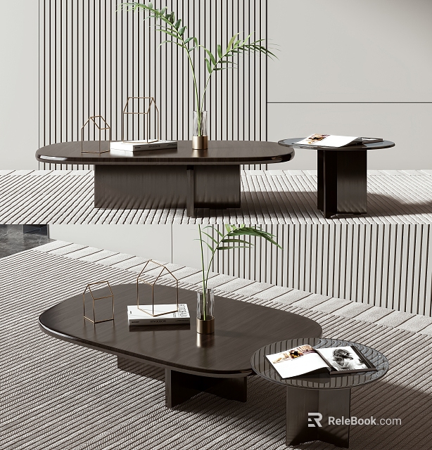 Modern Dark Wood Coffee Table With Elegant Design Green Plant Vase And Books 3d model 