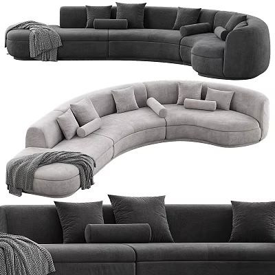 Modern Curved Sectional Sofa With Light Gray Upholstery Decorative Pillows And Throw Blanket 3d model