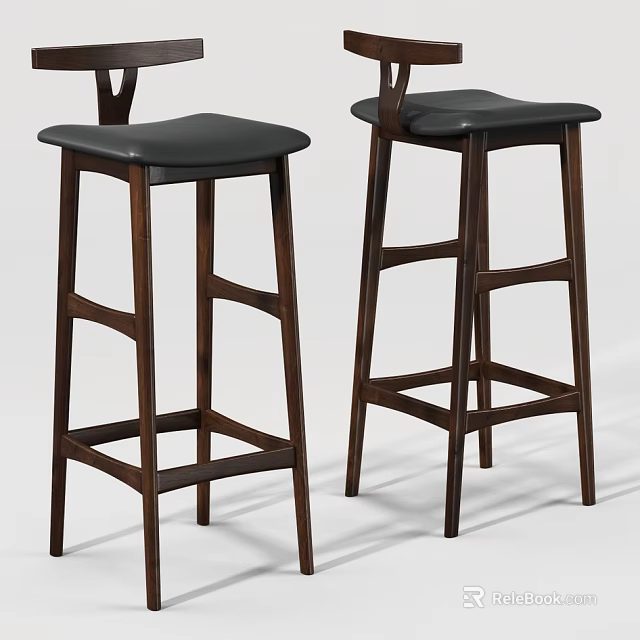 Classic Wooden Frame Bar Stools With Black Leather Seats And High Back Design 3d model 