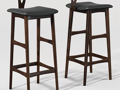 Classic Wooden Frame Bar Stools With Black Leather Seats And High Back Design 3d model
