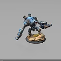 Detailed Blue And Gray Mechanical Warrior Model With Weapon And Sandy Base
