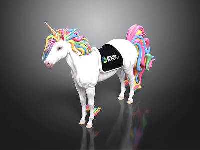 White Body Unicorn Shaped Household Item With Rainbow Mane Tail Black Pad And Colorful Logo 3d model