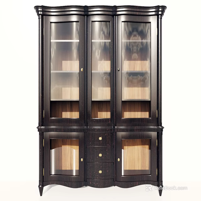 Dark Wood Decorative Cabinet With Glass Doors Wooden Shelves And Drawers 3d model 