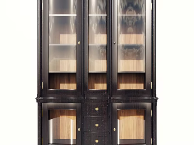 Dark Wood Decorative Cabinet With Glass Doors Wooden Shelves And Drawers 3d model