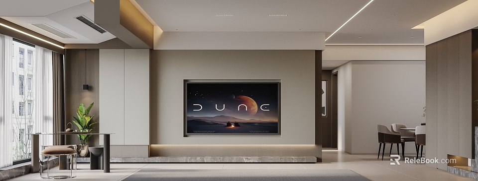 Modern Dining and Living Room Interior Design With TV Wall Dune Poster And Minimalist Lighting 3d model 