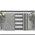 Modern Entrance Gate Design With Marble Pillars Metal Grille Vertical Fence And Pink Trees