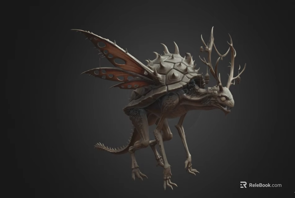 Mythical Dragon Like Fantasy Character With Antlers Spiked Shell And Membranous Wings 3d model 