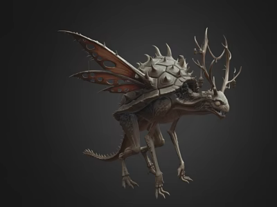 Mythical Dragon Like Fantasy Character With Antlers Spiked Shell And Membranous Wings 3d model