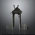 Rustic Outdoor Wooden Pavilion Structure With Sloped Roof Pillars And Fence Pickets