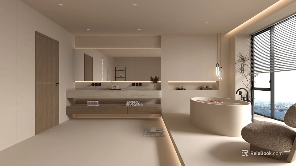 Modern Bathroom Interior Design With Freestanding Bathtub Double Vanity Large Mirror And Soft Lighting 3d model 